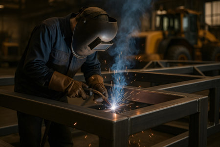 Industrial worker welding steel structure in factory, generating sparks and smoke, with machinery in backgroundの素材