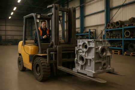 Forklift driver transporting large metal machinery parts in industrial warehouse, showcasing logistics and manufacturing processesの素材