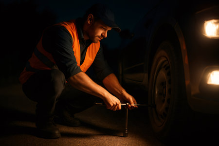 Roadside assistance worker using a wrench to change a tire at night, illuminated by car headlightsの素材