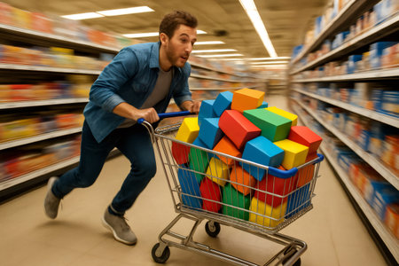Customer running through supermarket aisle pushing shopping cart full of colorful geometric blocks, expressing concept of playful shopping and consumerismの素材