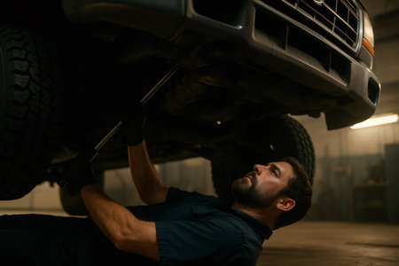 Professional mechanic lying under a car, skillfully using a wrench while working in an auto repair shop, focused on vehicle maintenanceの素材