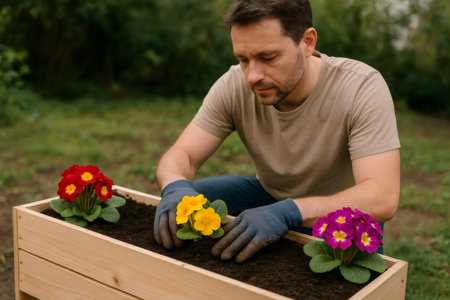 Gardener carefully placing colorful primrose flowers into rich soil in a wooden planter, adding vibrant beauty to a gardenの素材