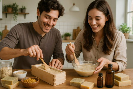 Happy couple creating organic soap at home, blending natural ingredients and essential oils for a delightful, handmade experienceの素材