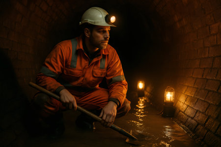 Sewer worker wearing a headlamp and holding a shovel, navigating through a dark tunnel illuminated by safety lamps for inspectionの素材