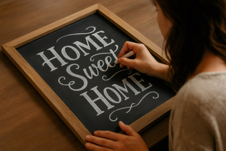 Woman artist drawing home sweet home lettering on a framed chalkboard using white chalk, creating cozy atmosphereの素材