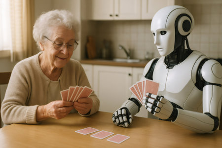 Senior woman enjoying a friendly card game with a humanoid robot, showing the potential of robots as companions for the elderlyの素材