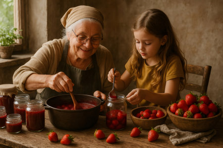 Grandmother and granddaughter preparing homemade strawberry jam, stirring and filling jars in a cozy kitchenの素材
