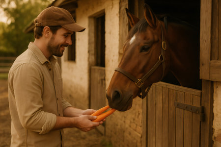 Smiling rancher feeding fresh carrots to a brown horse in a stable, enjoying the warm glow of sunset in a peaceful countryside settingの素材
