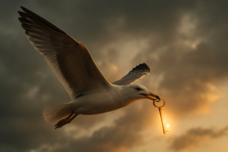 Seagull soaring through a dramatic sunset sky, clutching a glowing key in its beak, symbolizing freedom, hope, and endless possibilitiesの素材