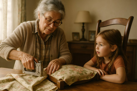 Senior woman upholstering a small seat with floral fabric, using a staple gun, while her granddaughter watches her, learning the craftの素材