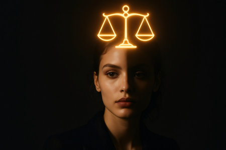 Portrait of a businesswoman with a glowing libra symbol above her head, representing justice, law, and balance in business decisionsの素材