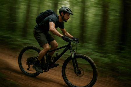 Mountain biker enjoying a ride through a lush forest, experiencing the thrill of off road cyclingの素材