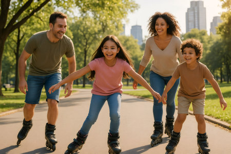 Smiling family enjoying rollerblading together in a sunny park, promoting healthy lifestyle and family funの素材