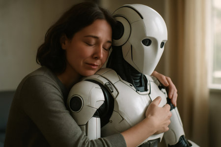Woman finding solace and companionship in embracing a humanoid robot, highlighting the evolving relationship between humans and artificial intelligenceの素材