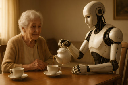 Humanoid robot gently pouring tea for an elderly woman, showing the future of home care and the integration of robotics into daily lifeの素材