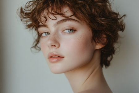 Close up beauty portrait of a young female model with short curly hair, freckles and light eyes posing in a minimalist studio settingの素材