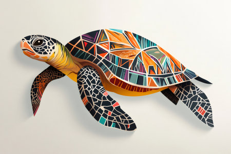 Modern minimalist design featuring a stylized turtle with colorful mosaic shell swimming peacefullyの素材