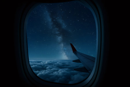 Airplane wing flying high above clouds at night with Milky Way galaxy and stars visible through windowの素材