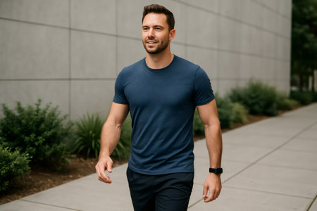 Young athletic man wearing a smartwatch walking outside a modern building, enjoying his healthy lifestyleの素材