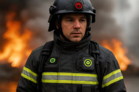 Firefighter equipped with advanced technology fighting a blaze, showcasing the future of firefighting safety and efficiencyの素材