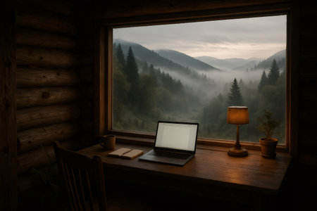Laptop, notebook and coffee mug on wooden desk in cozy cabin, overlooking a misty forest and mountain landscape, creating a tranquil and inspiring workspaceの素材