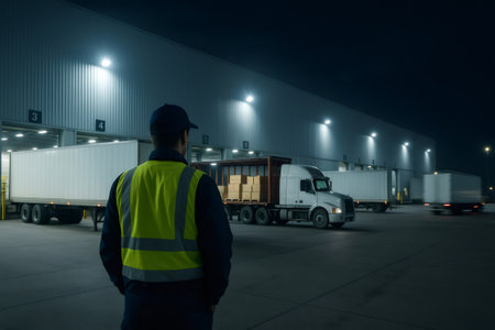 Logistics supervisor monitoring trucks loading and unloading cargo at a brightly lit distribution center at nightの素材