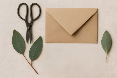 Flat lay composition with vintage scissors, craft paper envelope and eucalyptus leaves on beige linen textile backgroundの素材