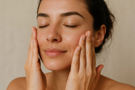 Close up of a young woman gently massaging her face with her hands, enjoying a moment of self care and relaxationの素材