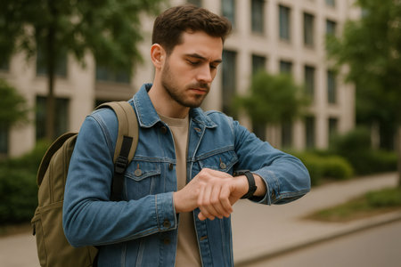 Young man with a backpack checking the time on his smartwatch while walking through a bustling urban environment during spring and summerの素材