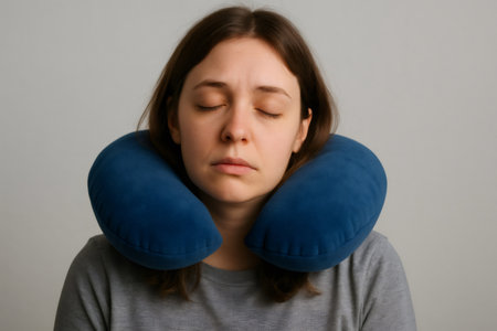 Traveler sleeping with neck pillow on gray background, concept of comfortable travel and relaxationの素材