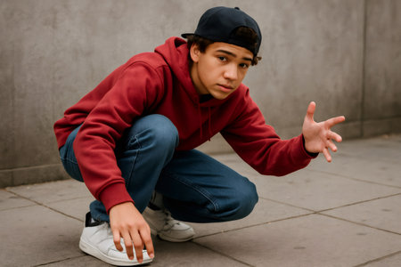Teenager crouching while performing a street dance move, wearing casual clothes and a backwards baseball capの素材