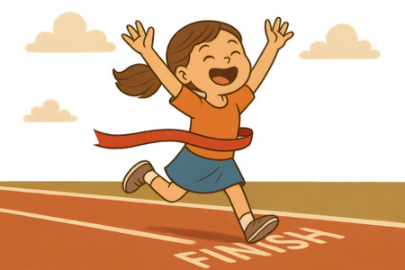 Happy girl crossing finish line winning race raising arms celebrating victory in athletics competitionの素材