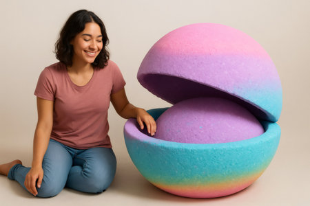 Young woman joyfully opening a giant rainbow bath bomb, embracing a delightful moment of relaxation and self care at homeの素材