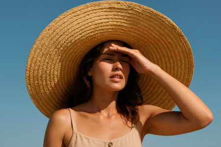 Fashion model enjoying summer sun, wearing large straw hat and protecting her eyes with hand, against blue skyの素材