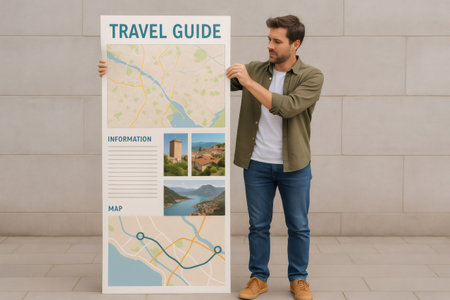 Travel agent presenting travel guide with map, information and pictures of tourist attractionsの素材