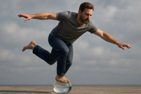 Barefoot man balancing on transparent glass sphere practicing yoga near the sea with cloudy skyの素材
