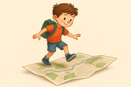 Cheerful schoolboy walking on a flying map, symbolizing adventure, exploration, and the joy of learningの素材