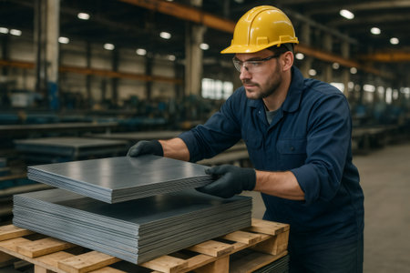 Metal industry worker wearing safety equipment stacking sheets of steel on a pallet in a factoryの素材
