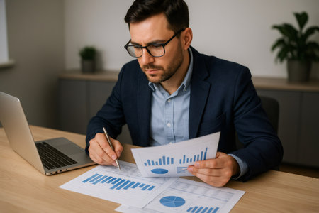 Businessman analyzing financial data, using laptop and paperwork with charts and graphs, focused on investment strategy and market trendsの素材