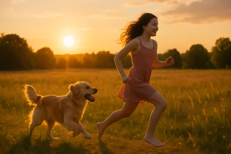 Barefoot girl running with golden retriever dog in field at sunset, enjoying freedom and happiness togetherの素材