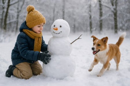 Happy child building a snowman while a playful dog runs around in a snowy forest, capturing the joy of winter fun and childhoodの素材