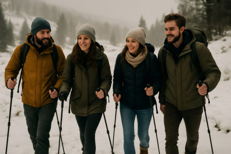 Four joyful hikers trekking through snowy mountains, reveling in the stunning winter landscape and embracing the spirit of adventureの素材