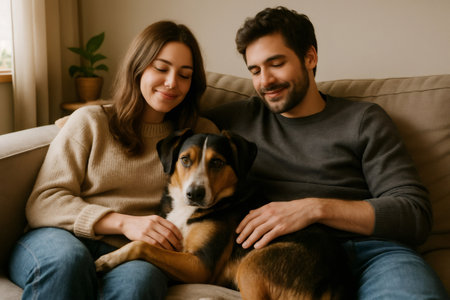 Happy couple petting their adorable dog while relaxing together on a cozy sofa in their living room, enjoying a peaceful moment of connection and affectionの素材