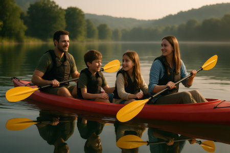 Family enjoying a kayaking adventure on a calm lake, paddling together and creating lasting memoriesの素材