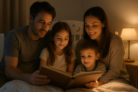 Parents reading a book to their children in a dimly lit bedroom, creating a warm and intimate family momentの素材