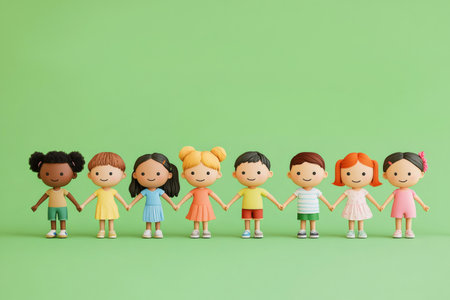 3D illustration of diverse children holding hands, symbolizing unity, inclusion, and equality on a green backgroundの素材