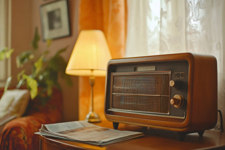 Old fashioned radio and newspaper placed on wooden table, creating a nostalgic atmosphere in cozy living roomの素材