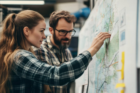 Two logistics planners reviewing a transportation route on a large map, discussing and planning logistics and delivery strategiesの素材