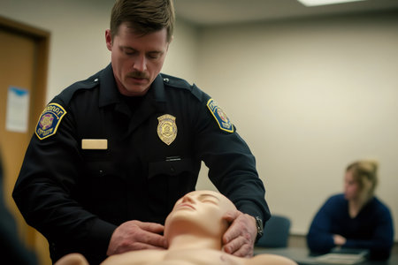 Police officer practicing first aid techniques on a CPR dummy during an intensive training session focused on emergency preparedness and lifesaving skillsの素材