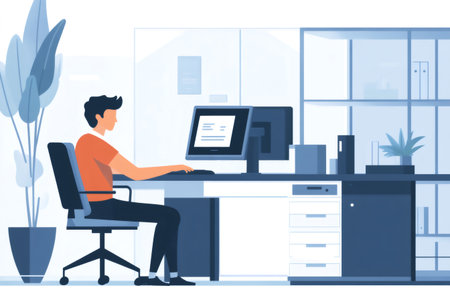 Office worker implementing two factor authentication on desktop computer, enhancing security in modern workplaceの素材